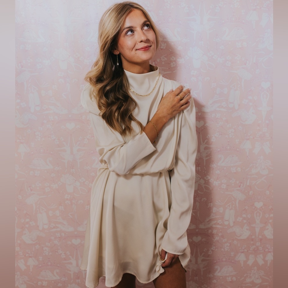 Cream Long Sleeve mock neck satin Dress